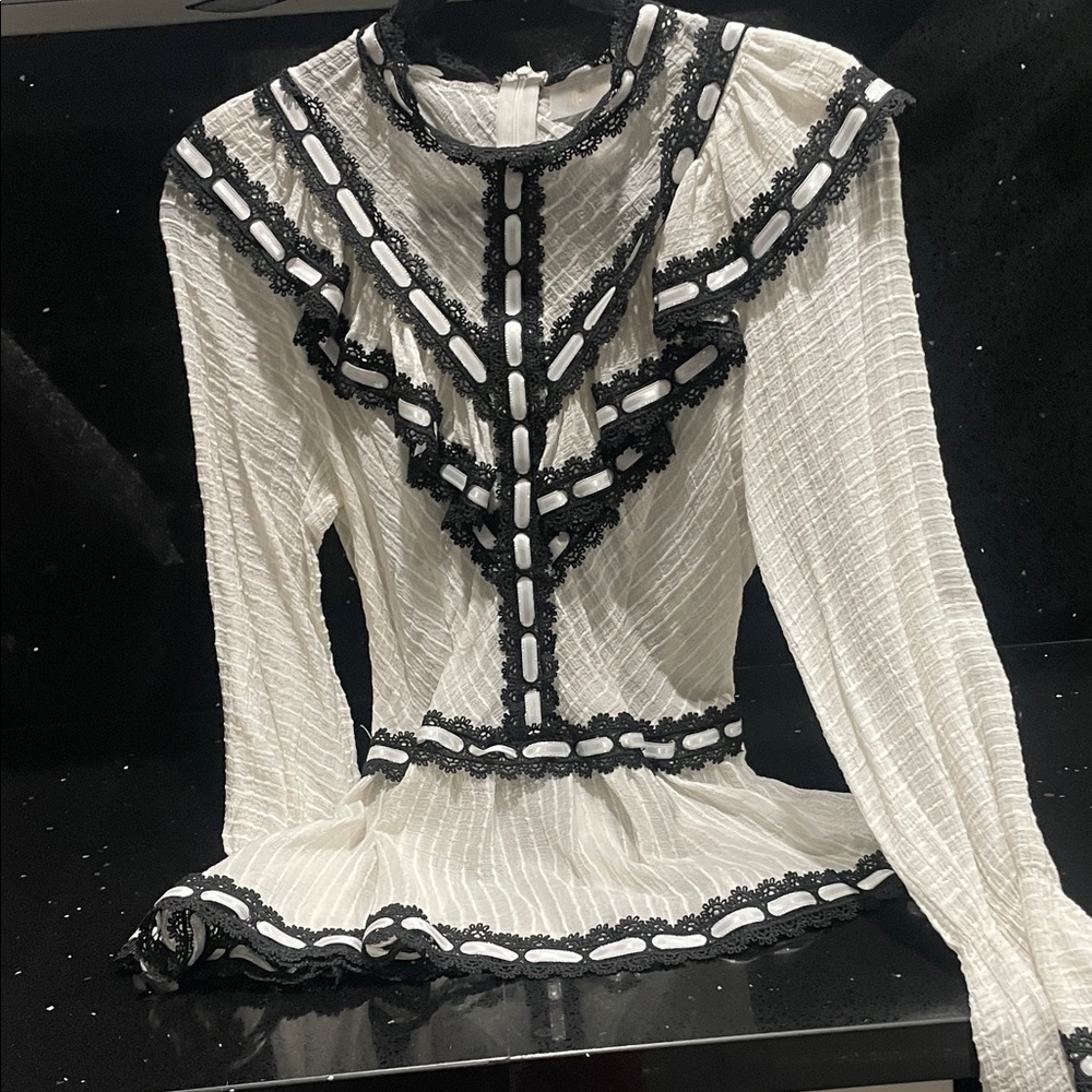 Elegant White and Black Lace Trimmed Women's Top